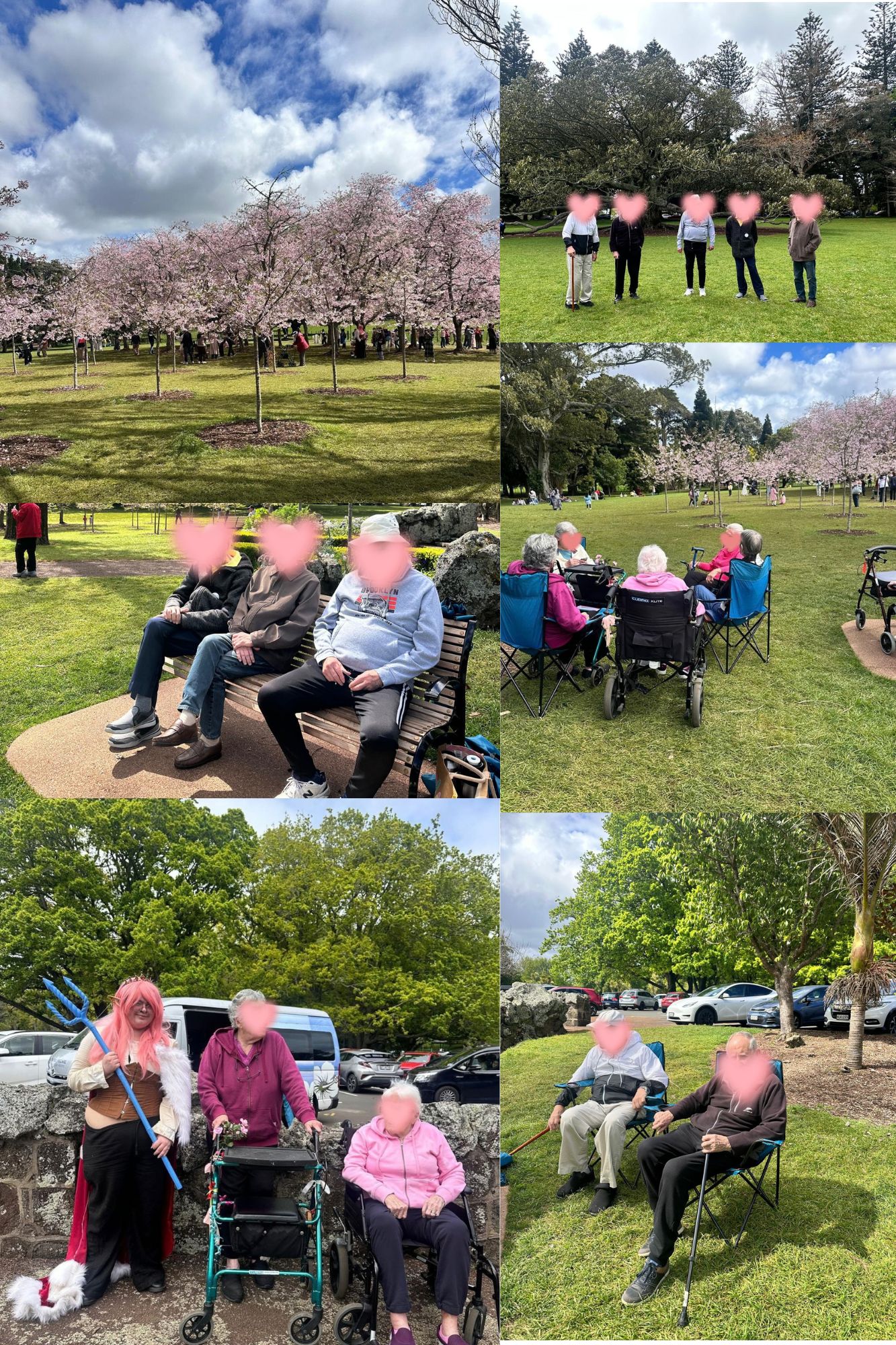 Maygrove residents enjoying a beautiful outdoor setting during their weekly outing, creating happy memories together.